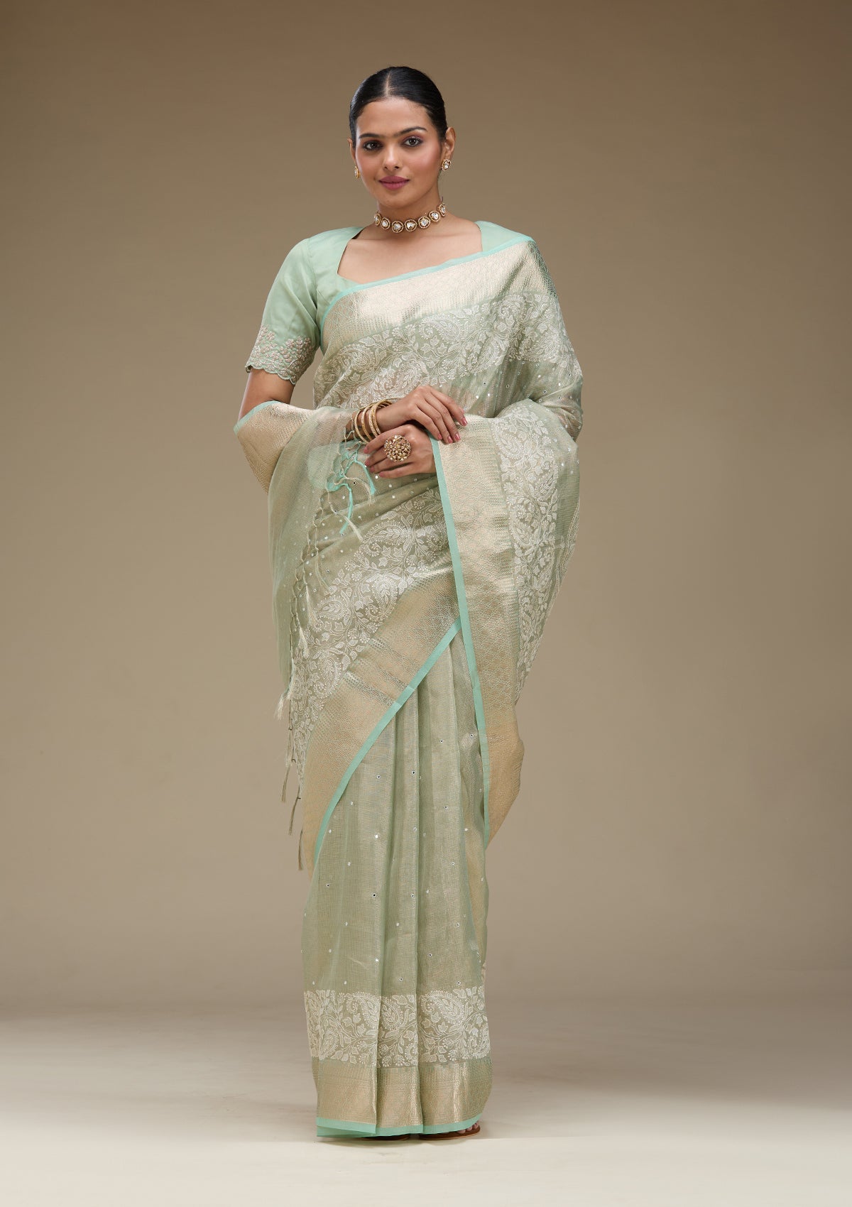 Pista Green Zariwork Tissue Saree-Koskii