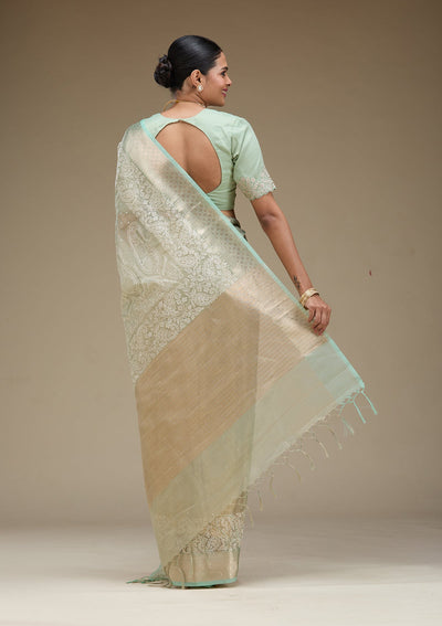 Pista Green Zariwork Tissue Saree-Koskii