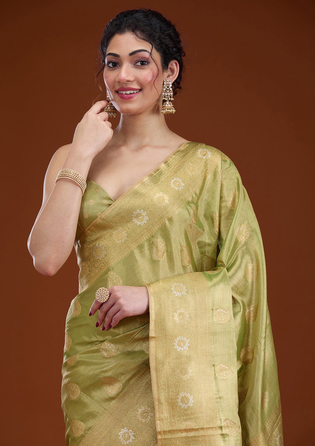 Leaf Green Zariwork Tissue Saree