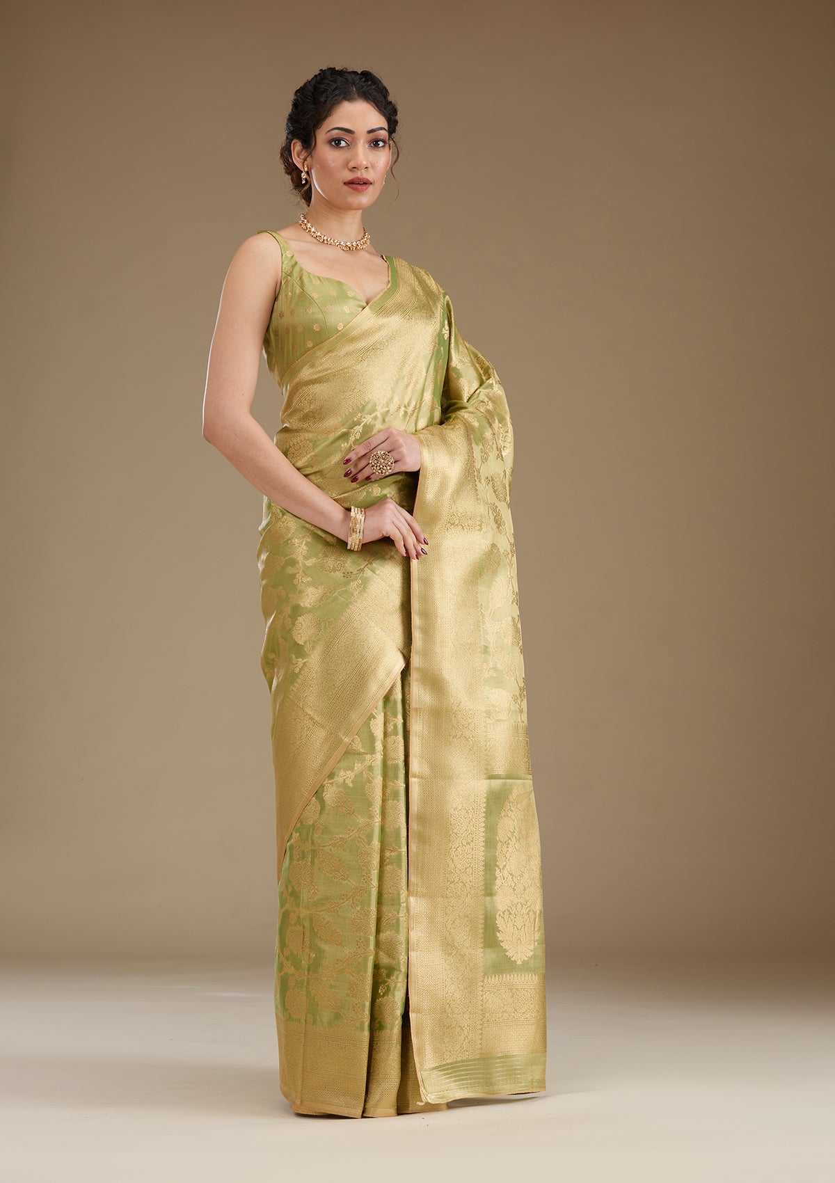 Leaf Green Zariwork Tissue Saree