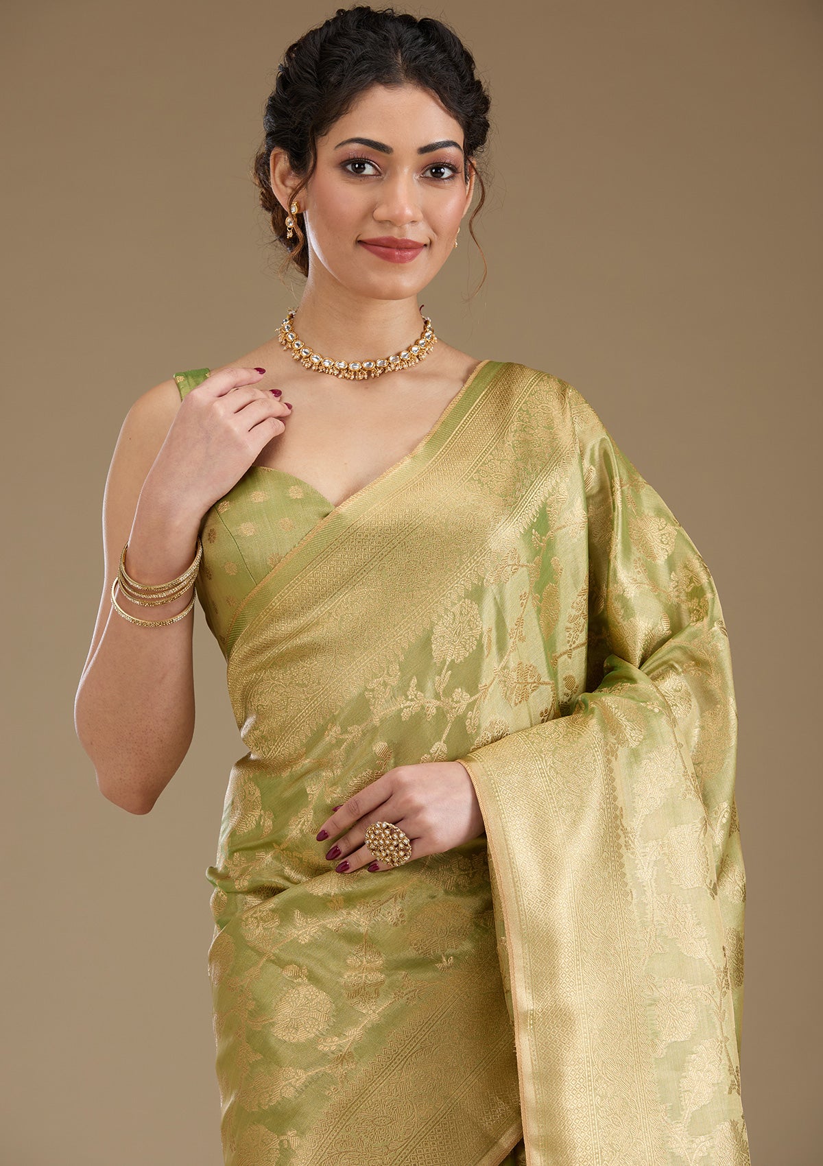 Leaf Green Zariwork Tissue Saree