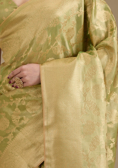 Leaf Green Zariwork Tissue Saree