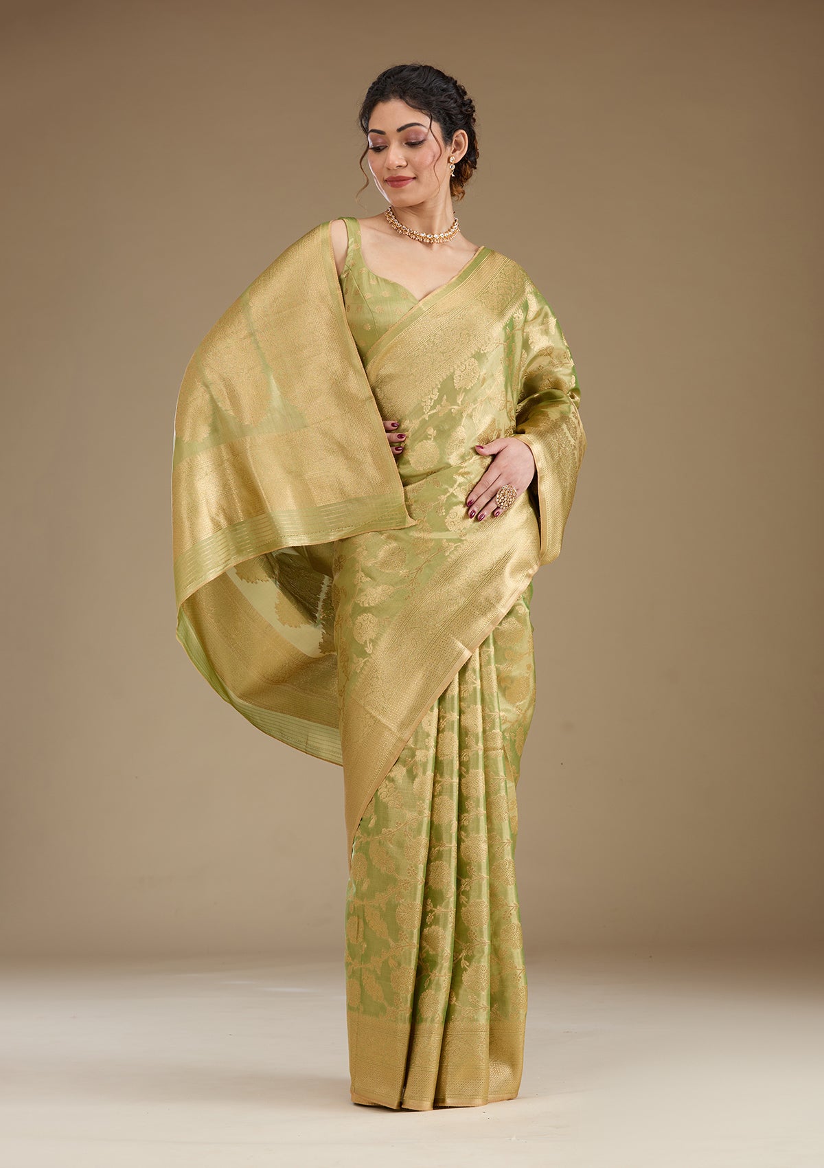 Leaf Green Zariwork Tissue Saree