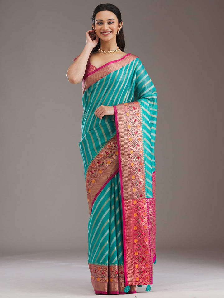 Turquoise Blue Zariwork Tissue Saree-Koskii