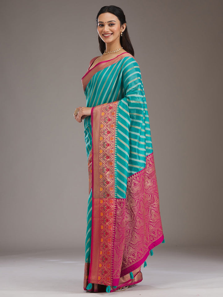 Turquoise Blue Zariwork Tissue Saree-Koskii