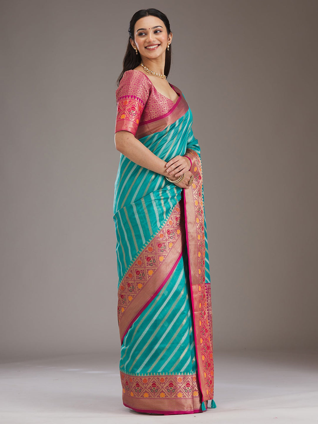 Turquoise Blue Zariwork Tissue Saree-Koskii