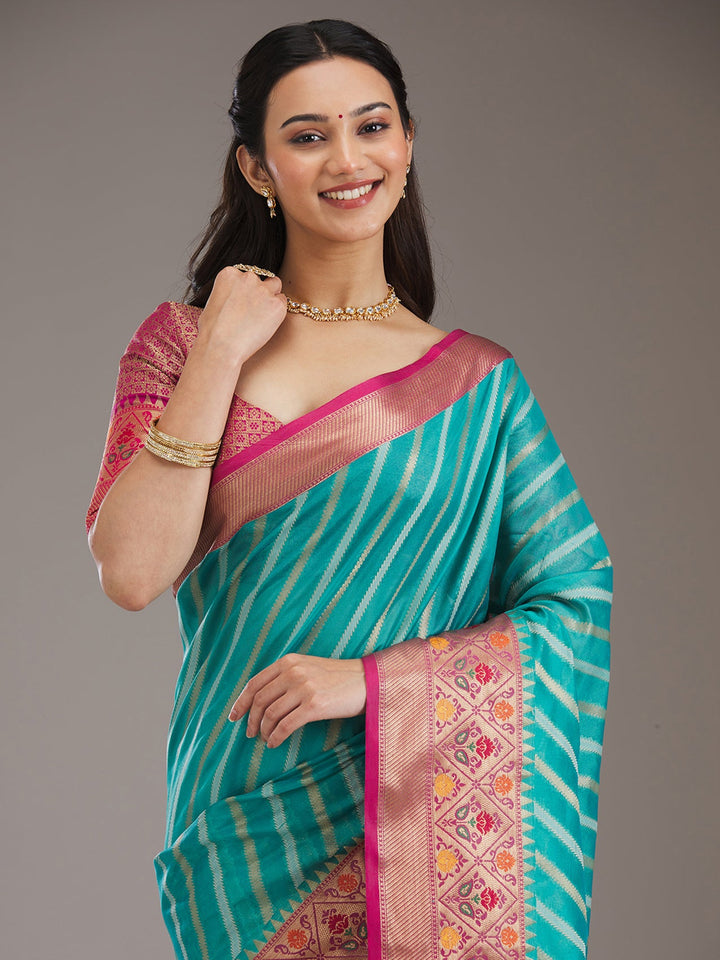 Turquoise Blue Zariwork Tissue Saree-Koskii