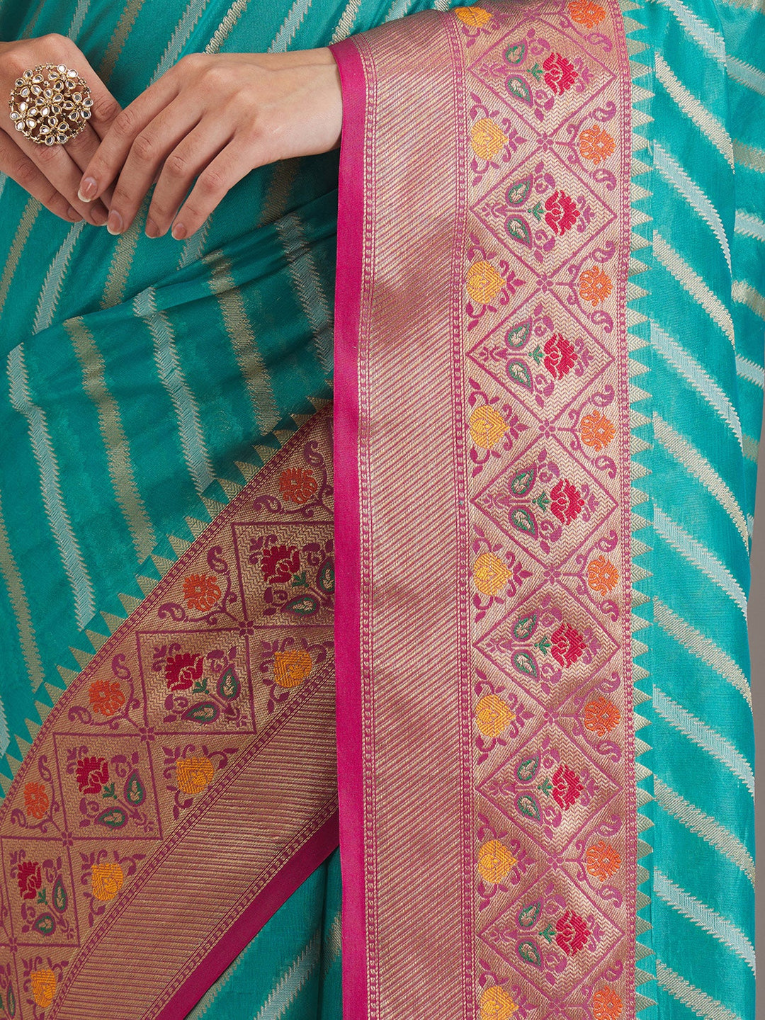 Turquoise Blue Zariwork Tissue Saree-Koskii