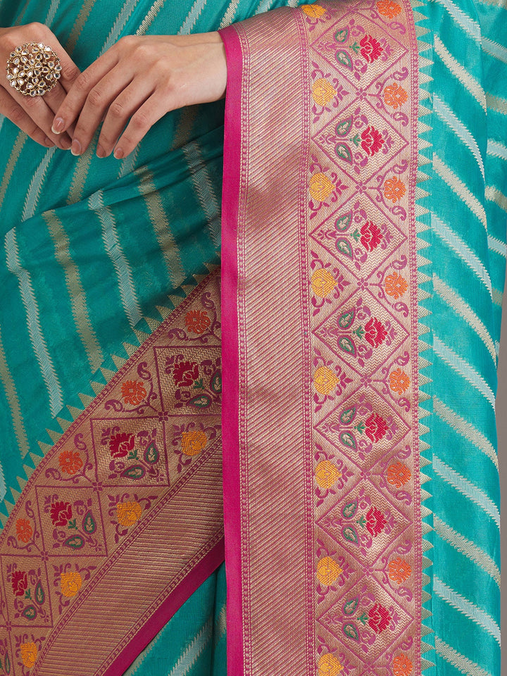 Turquoise Blue Zariwork Tissue Saree-Koskii