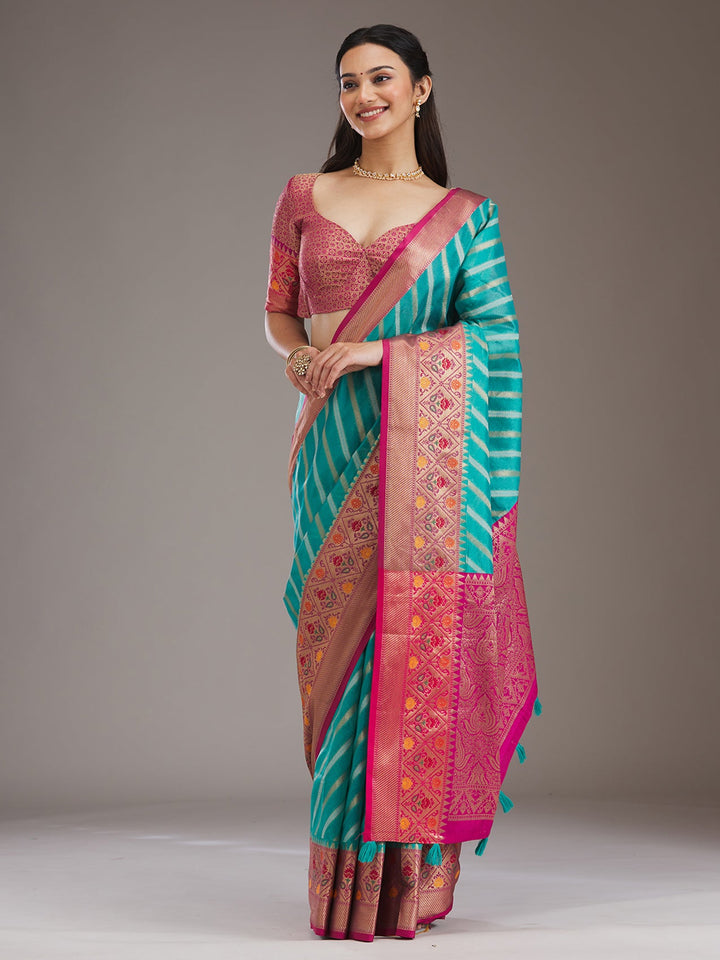 Turquoise Blue Zariwork Tissue Saree-Koskii