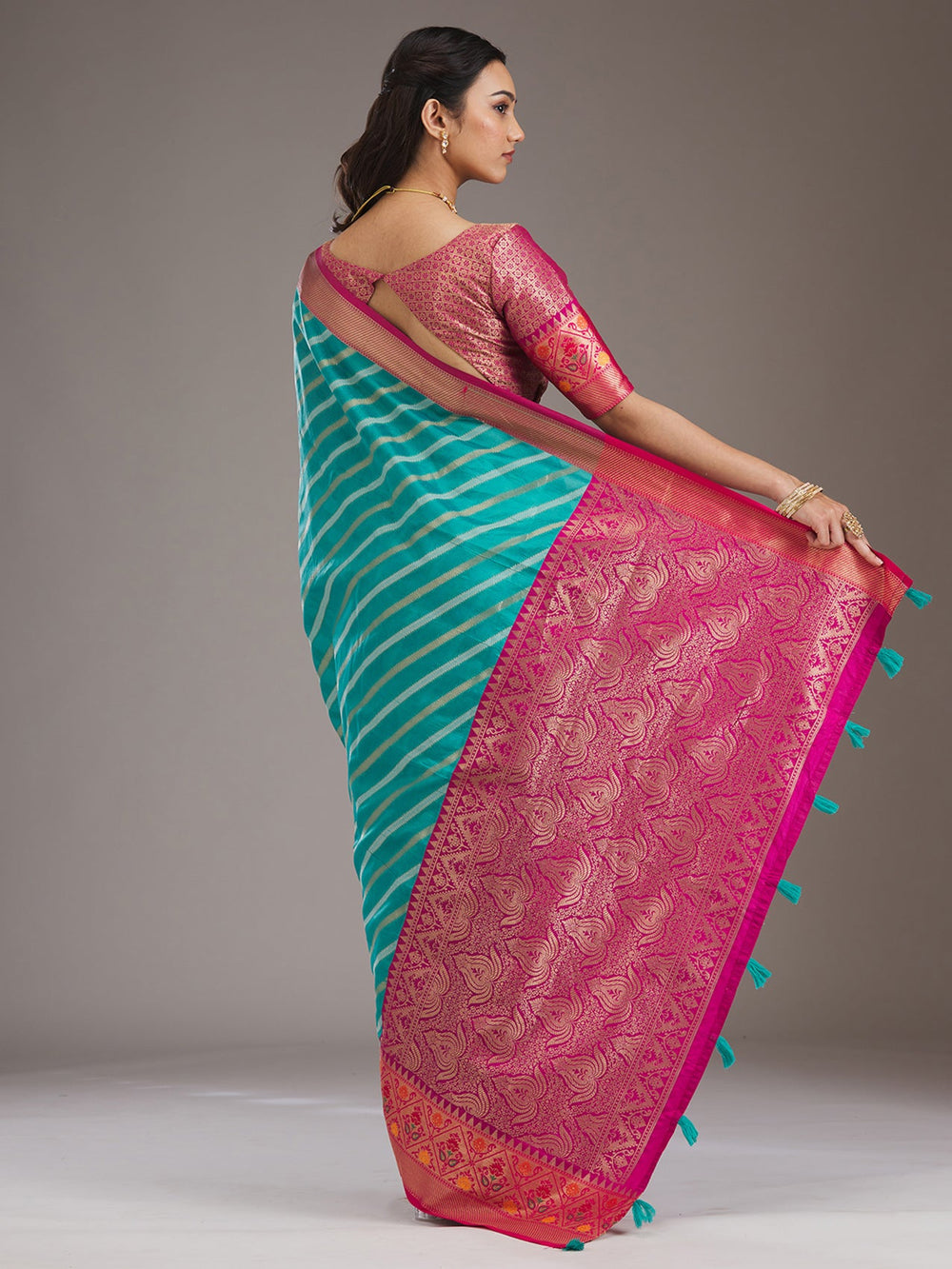 Turquoise Blue Zariwork Tissue Saree-Koskii