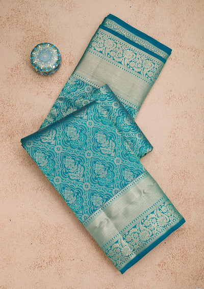 Peacock Blue Zariwork Pure Silk Saree-Koskii