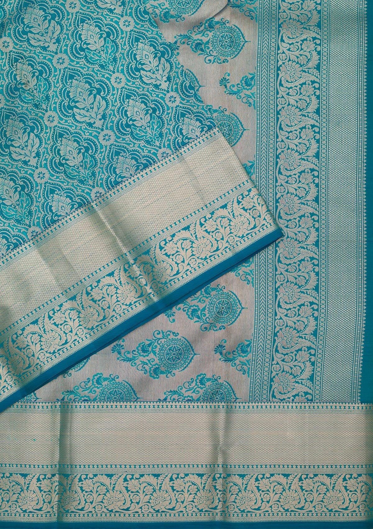 Peacock Blue Zariwork Pure Silk Saree-Koskii