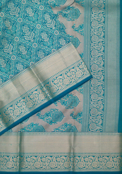Peacock Blue Zariwork Pure Silk Saree-Koskii