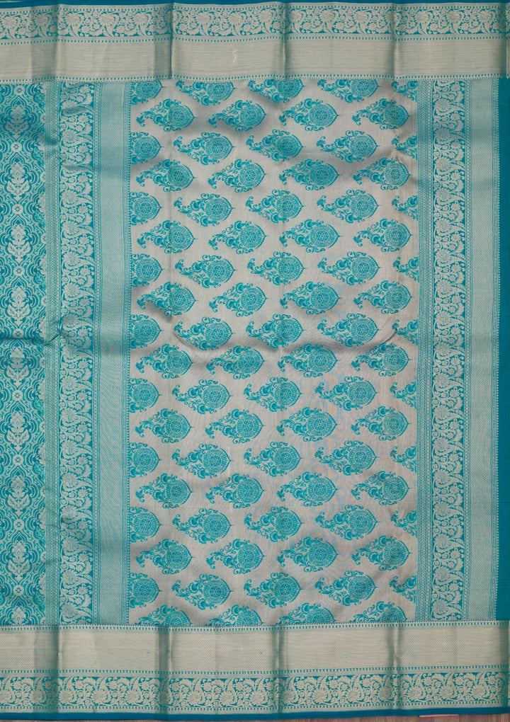 Peacock Blue Zariwork Pure Silk Saree-Koskii