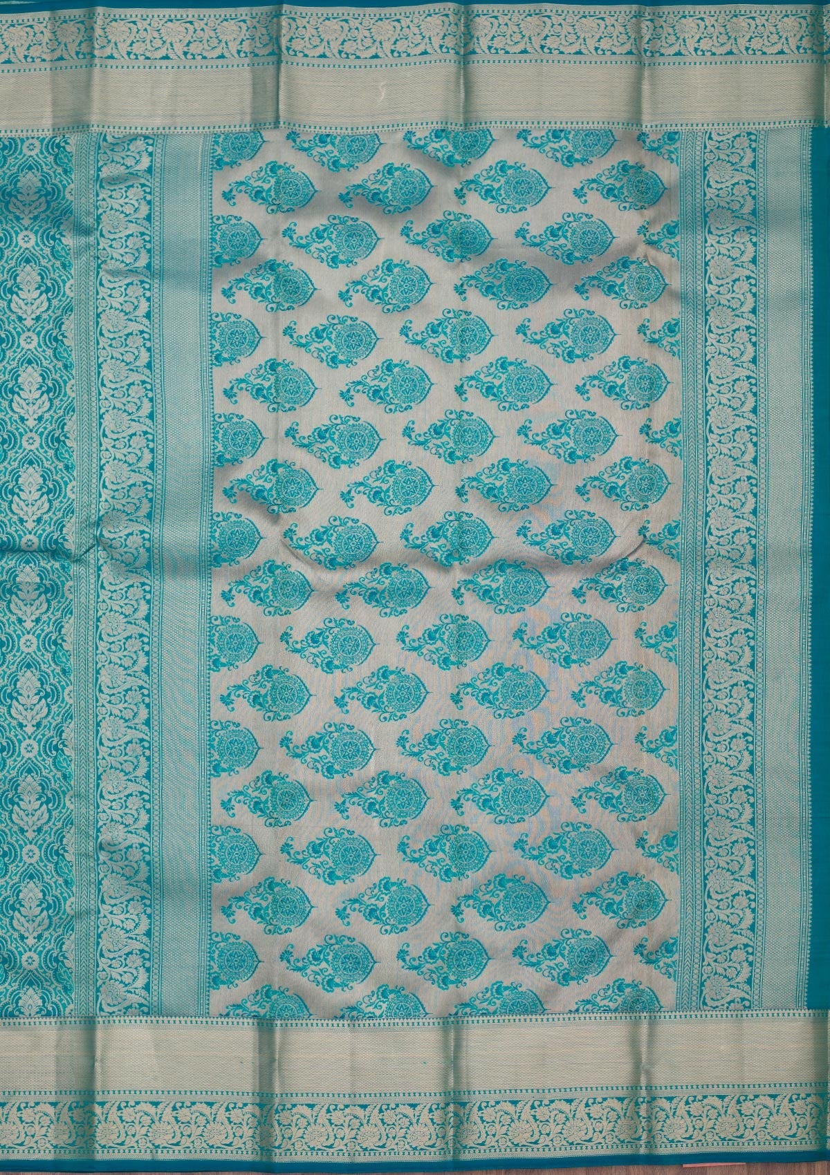 Peacock Blue Zariwork Pure Silk Saree-Koskii
