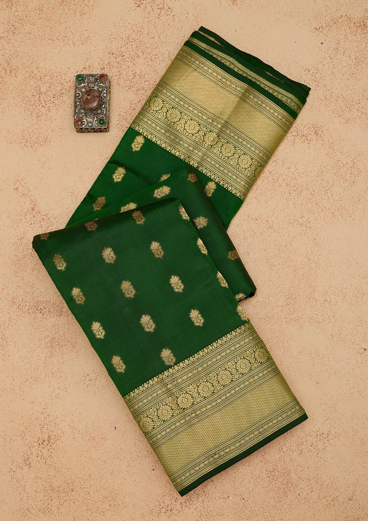 Bottle Green Zariwork Pure Silk Saree-Koskii