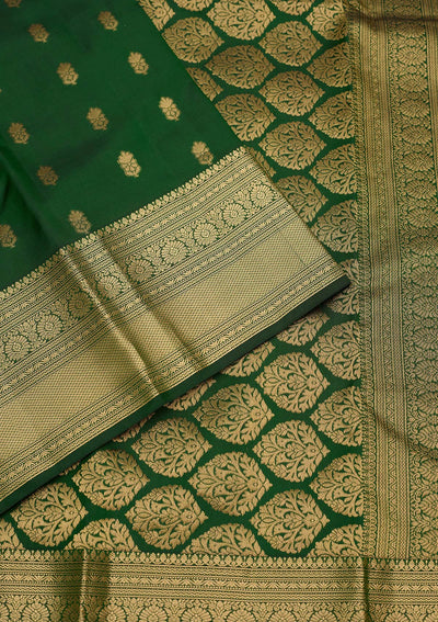 Bottle Green Zariwork Pure Silk Saree-Koskii