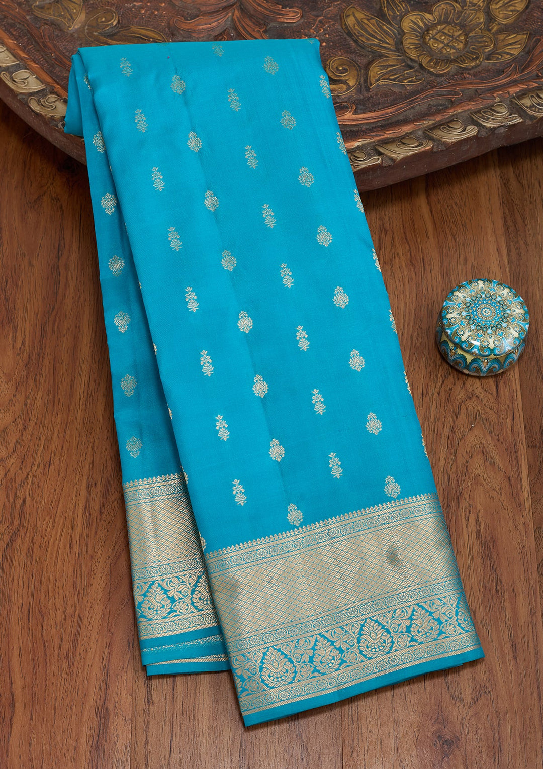 Turquoise Blue Zariwork (Gold) Pure Silk Saree