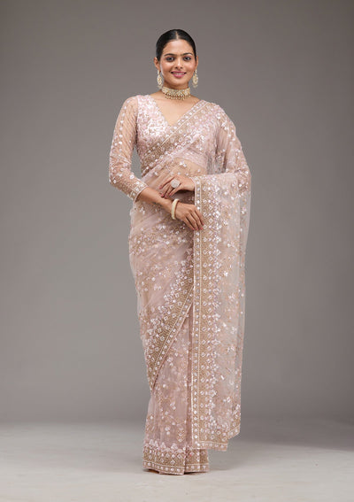 Baby Pink Sequins Net Saree-Koskii