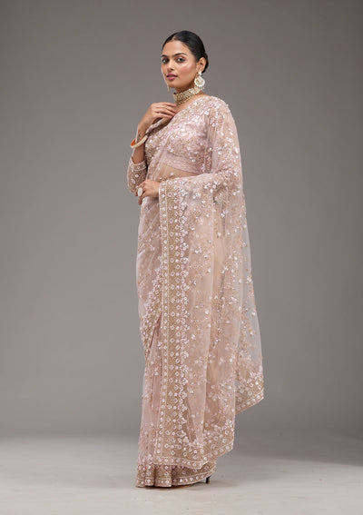 Baby Pink Sequins Net Saree-Koskii