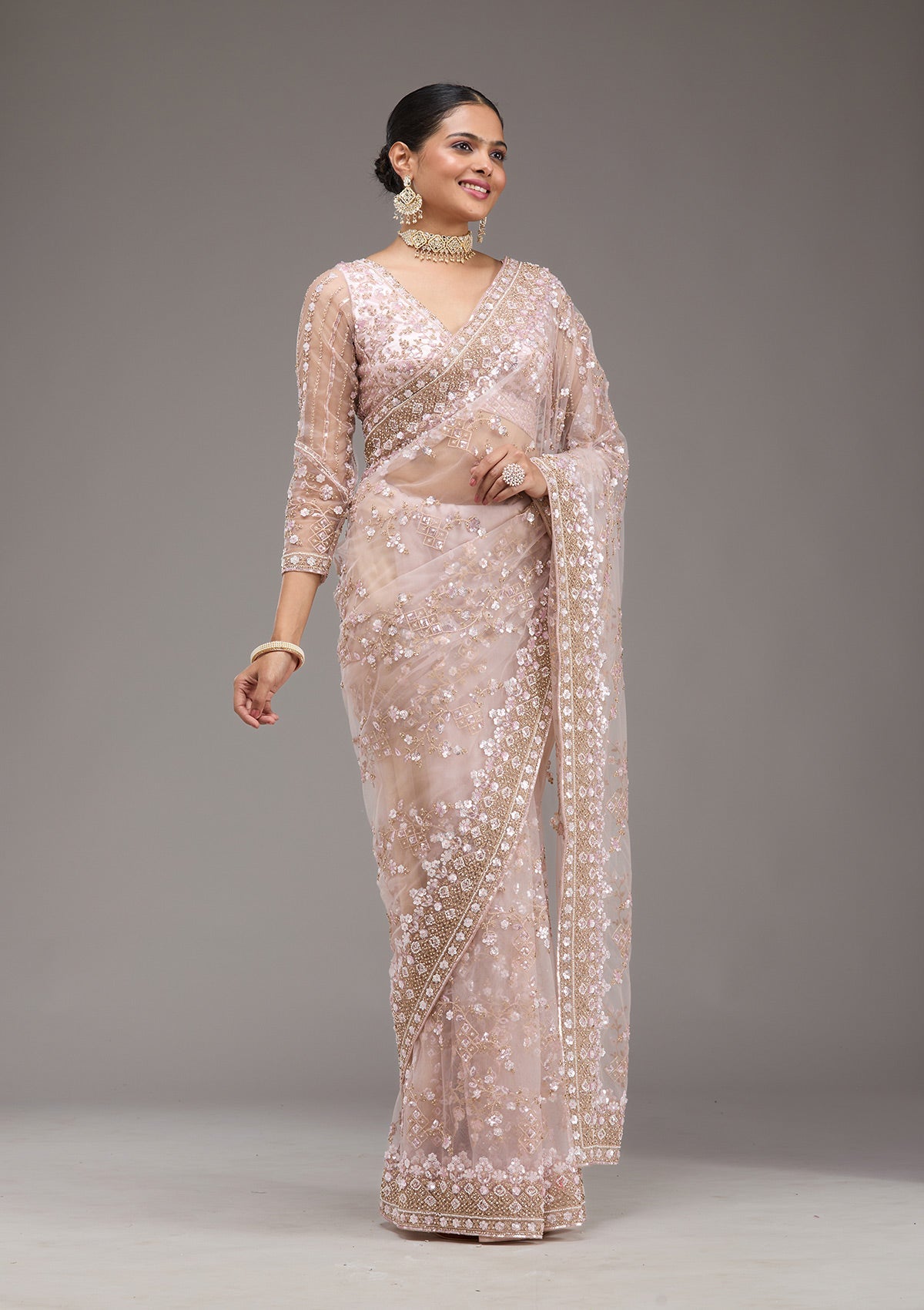 Baby Pink Sequins Net Saree-Koskii