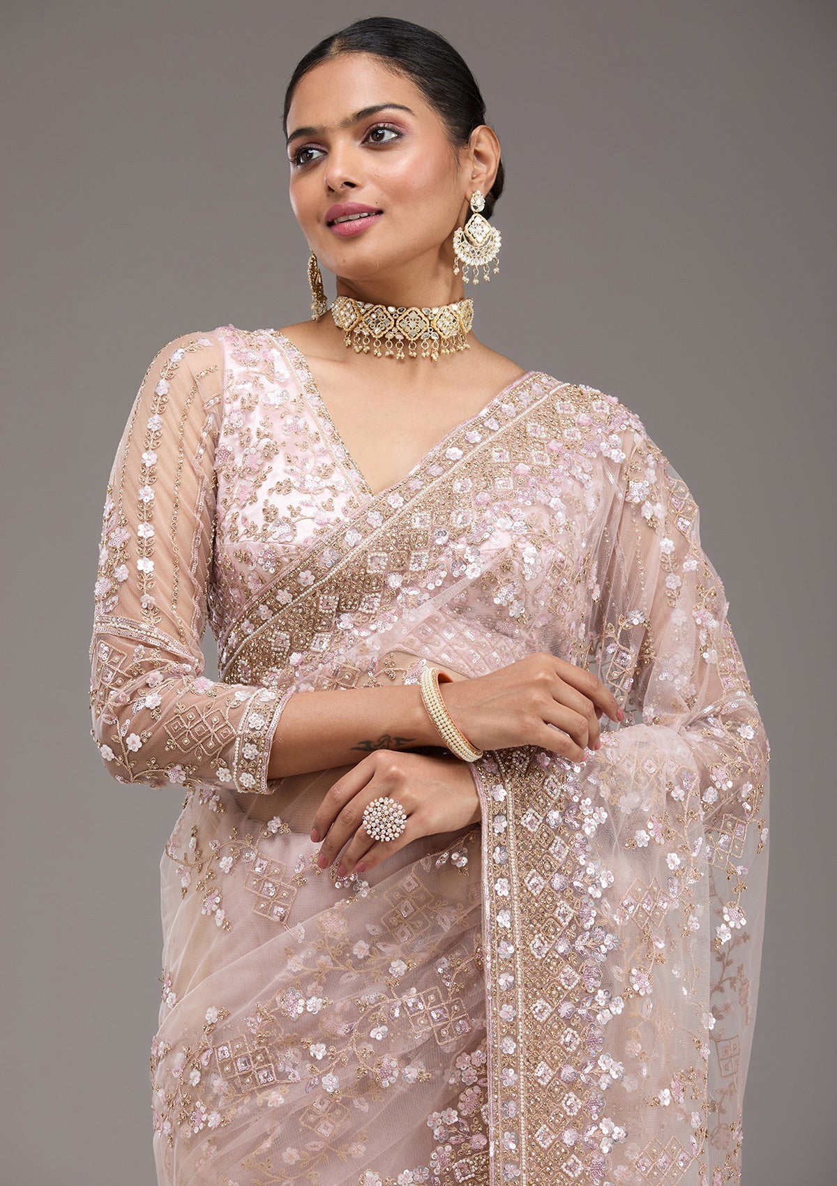 Baby Pink Sequins Net Saree-Koskii