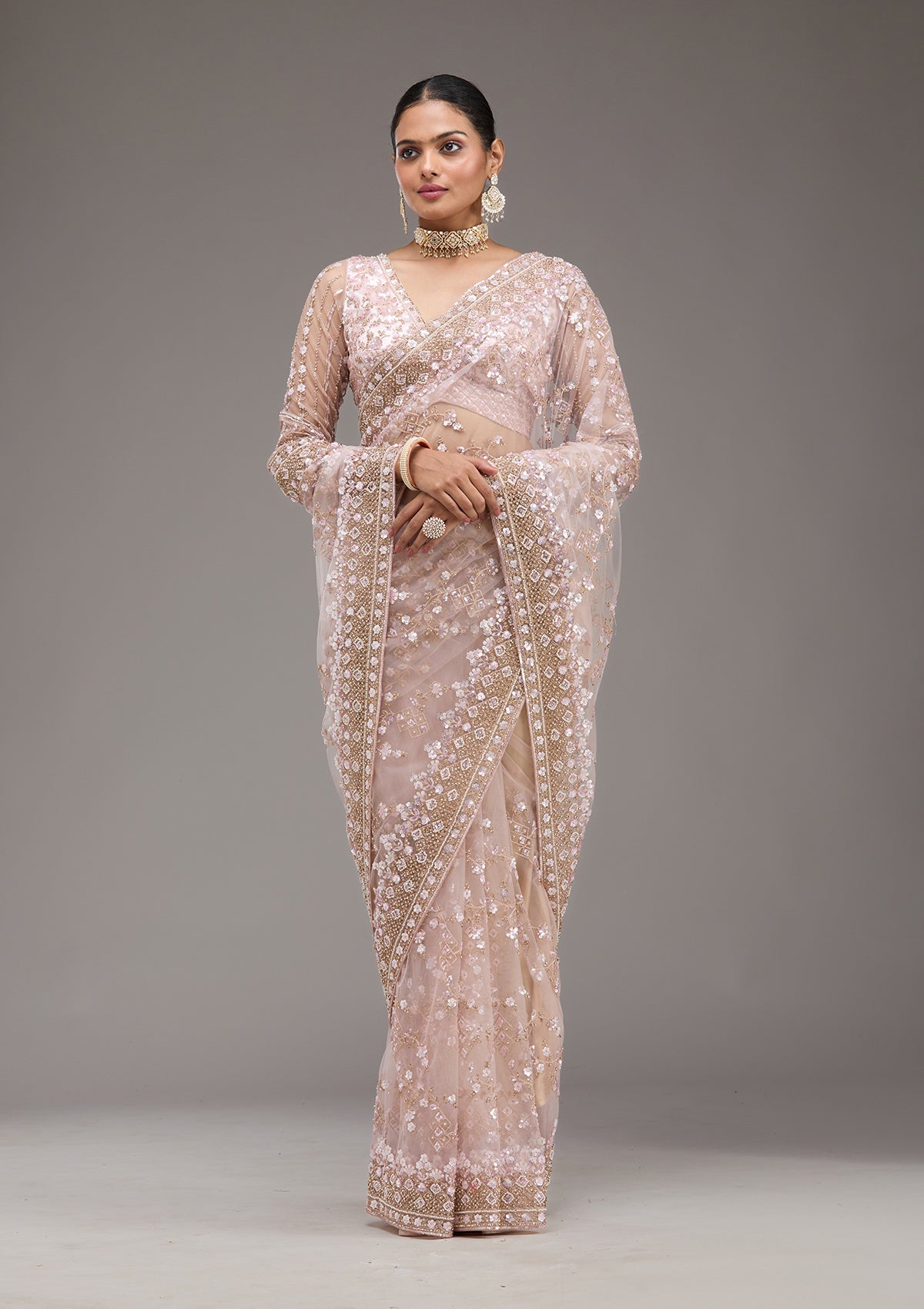 Baby Pink Sequins Net Saree-Koskii