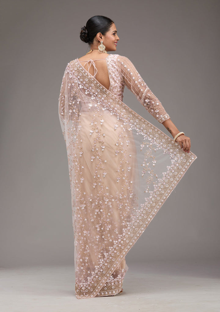 Baby Pink Sequins Net Saree-Koskii