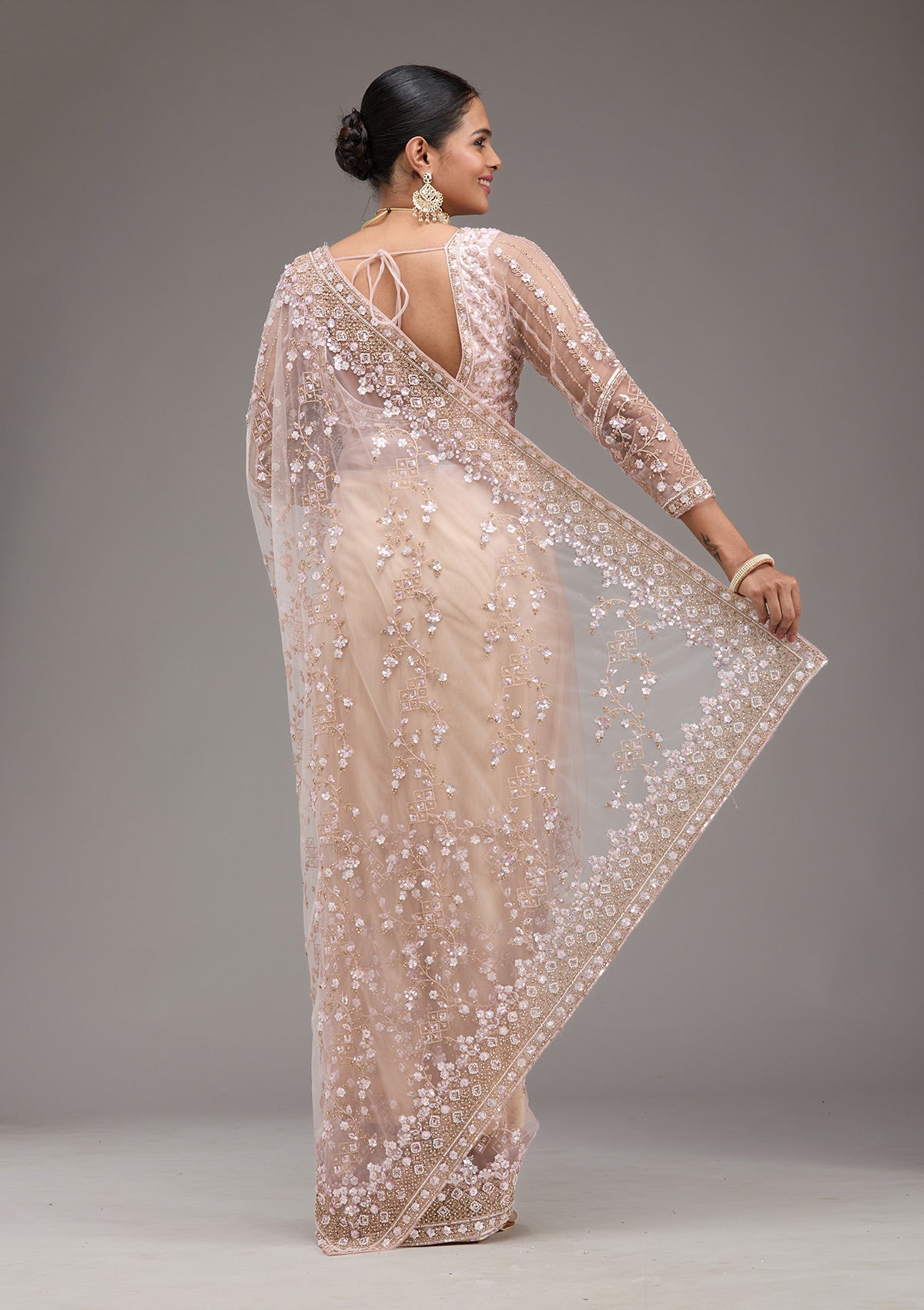 Baby Pink Sequins Net Saree-Koskii