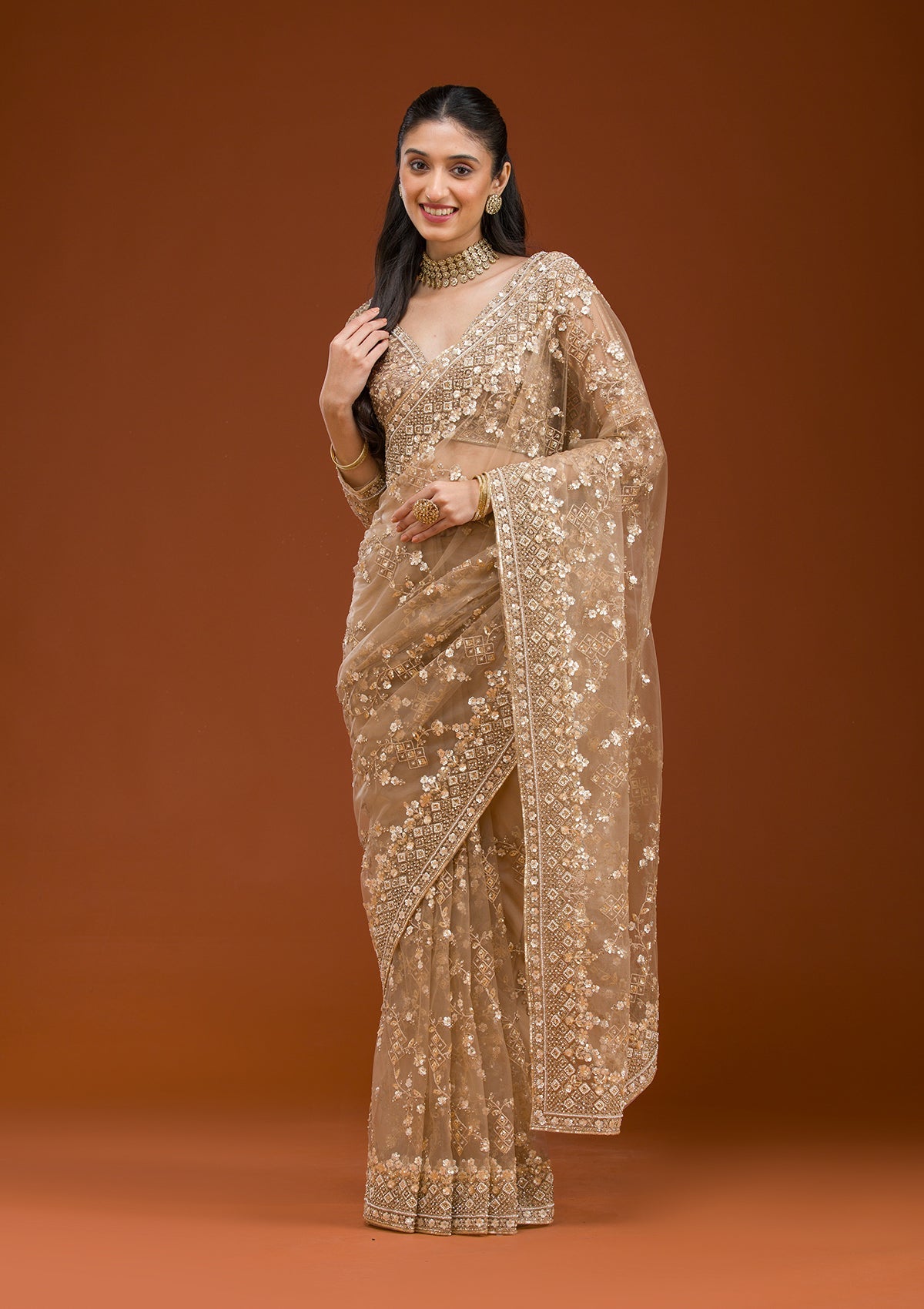 Beige Sequins Net Saree-Koskii