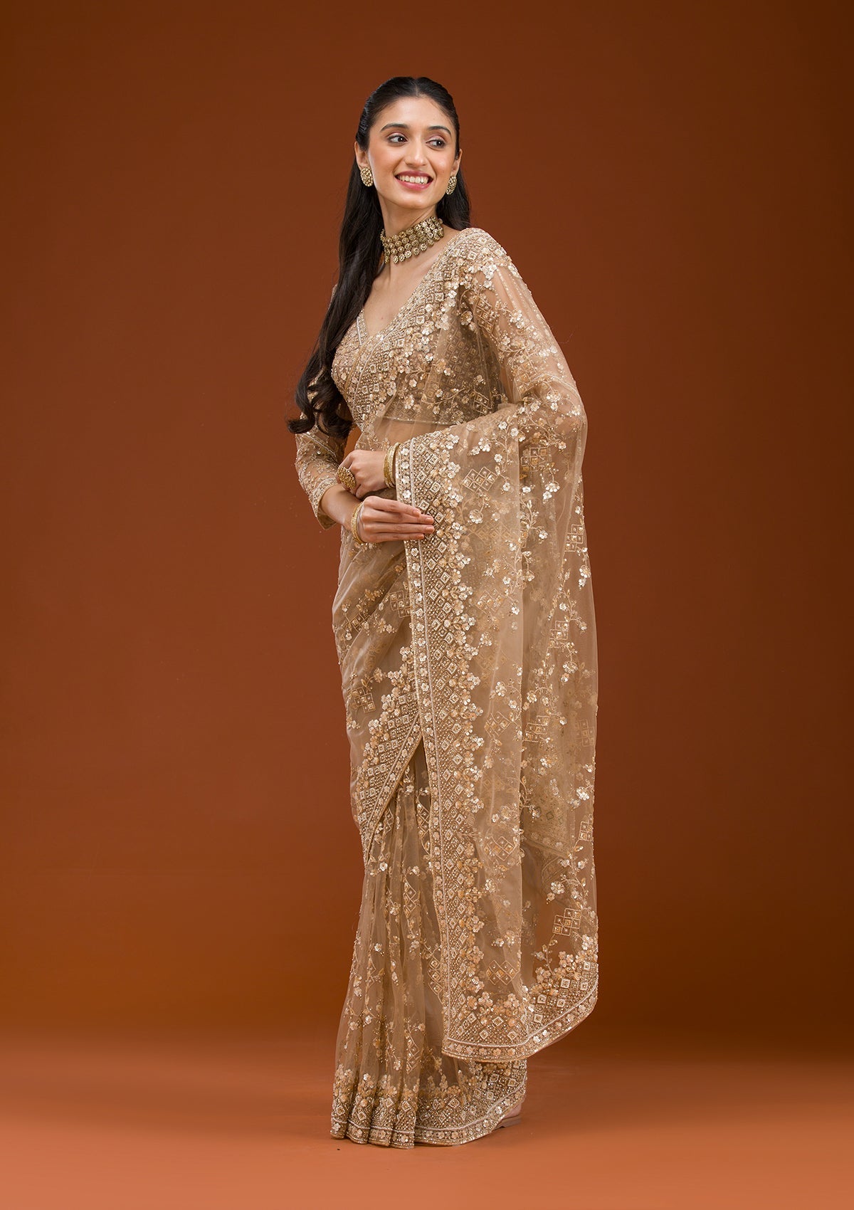 Beige Sequins Net Saree-Koskii