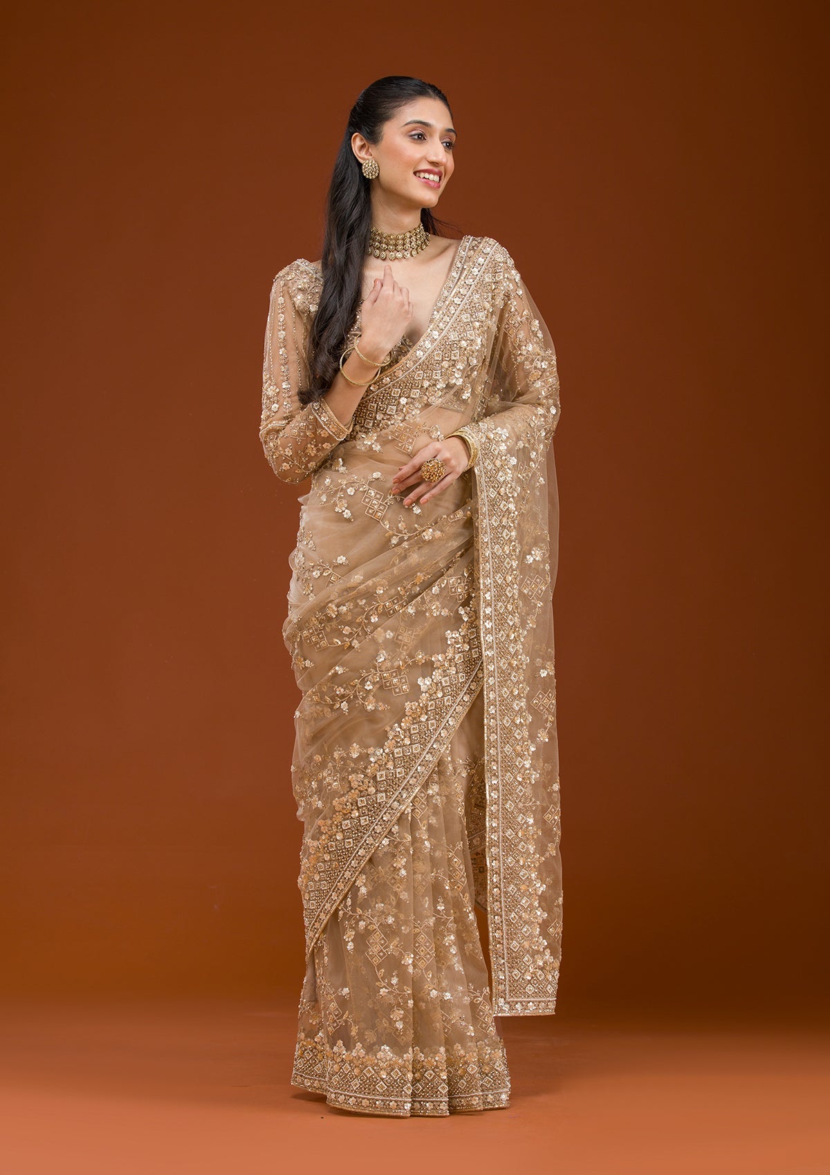 Beige Sequins Net Saree-Koskii