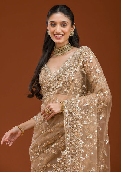 Beige Sequins Net Saree-Koskii