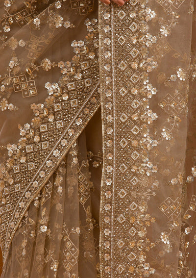 Beige Sequins Net Saree-Koskii