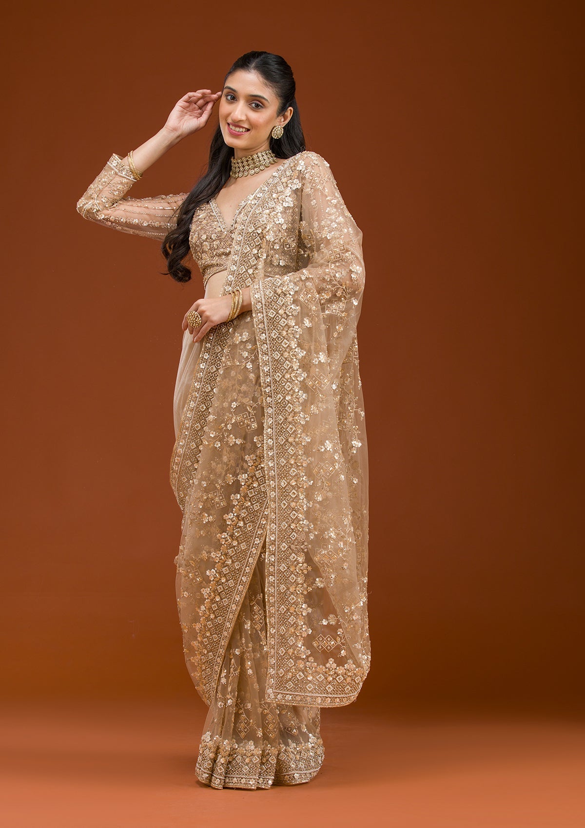 Beige Sequins Net Saree-Koskii