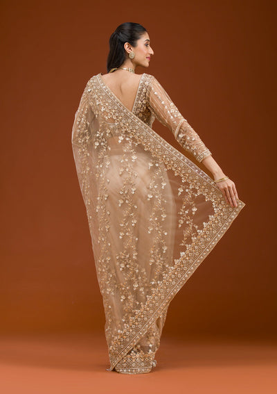 Beige Sequins Net Saree-Koskii