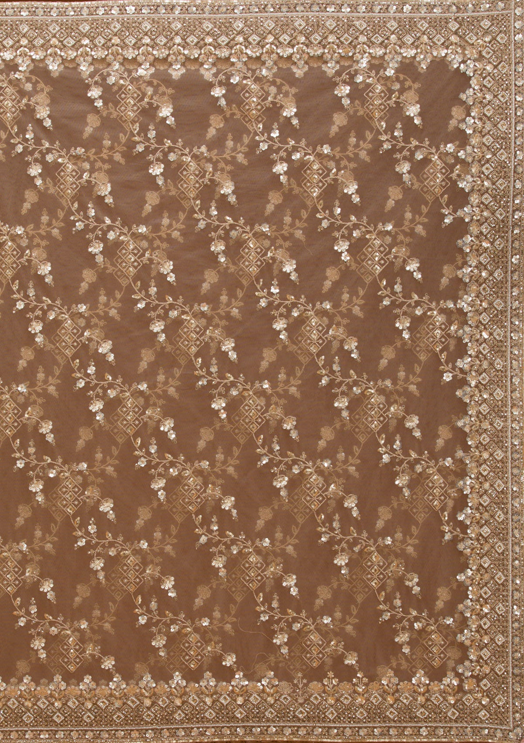 Beige Sequins Net Saree-Koskii