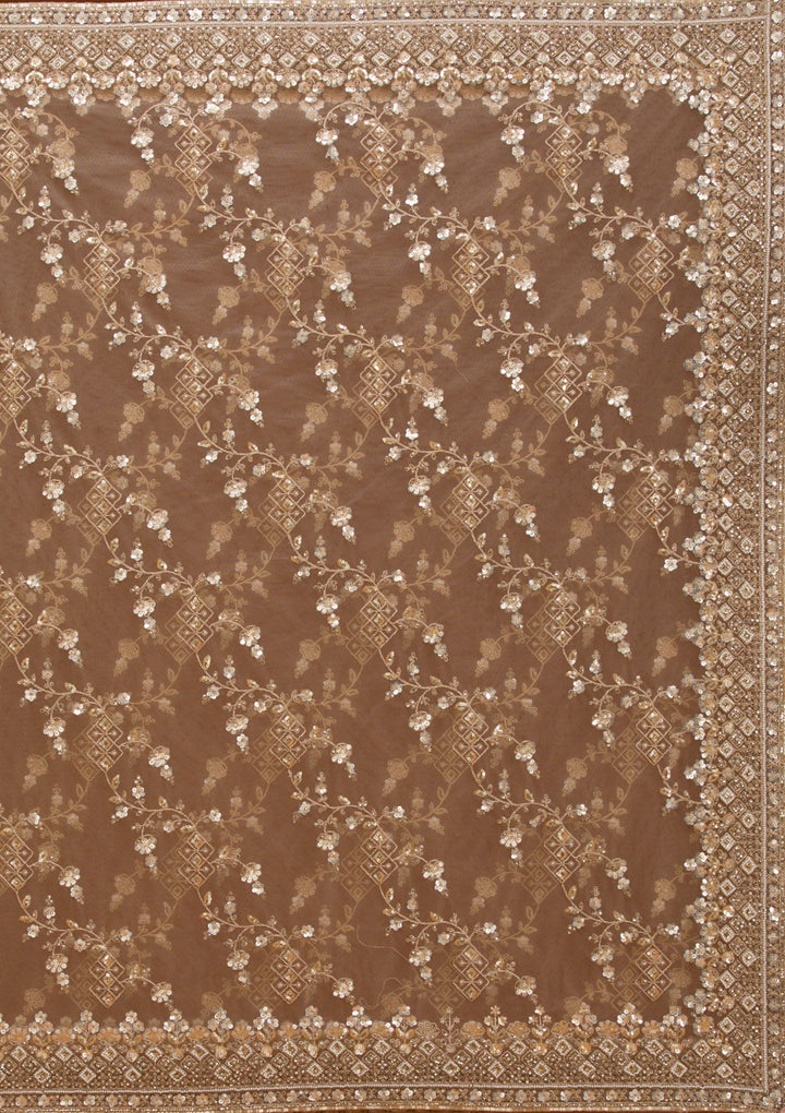 Beige Sequins Net Saree-Koskii