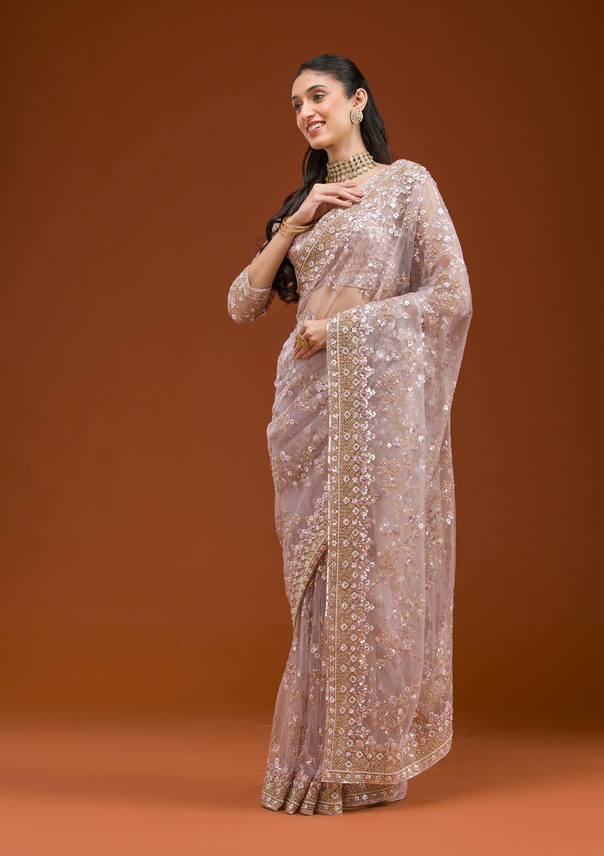 Lavender Sequins Net Saree-Koskii