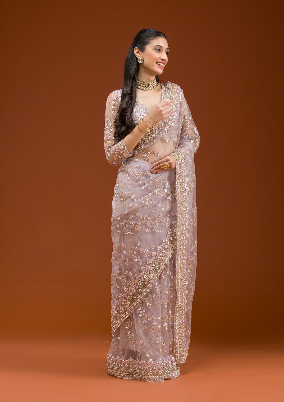 Lavender Sequins Net Saree-Koskii