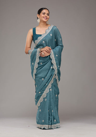 Peacock Blue Zariwork Georgette Saree-Koskii