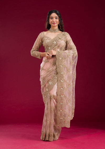 Baby Pink Zariwork Net Saree-Koskii