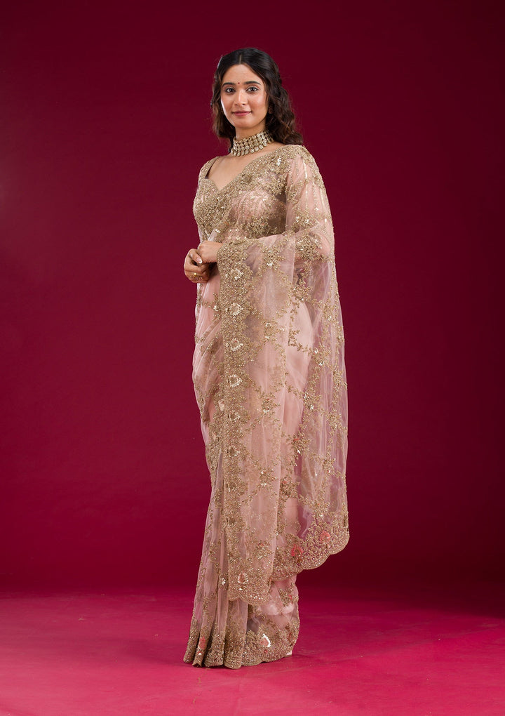 Baby Pink Zariwork Net Saree-Koskii