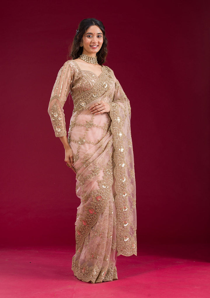 Baby Pink Zariwork Net Saree-Koskii