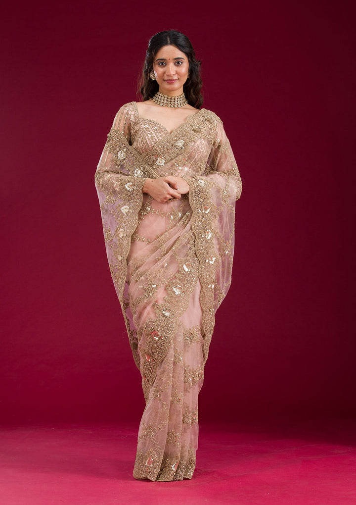 Baby Pink Zariwork Net Saree-Koskii