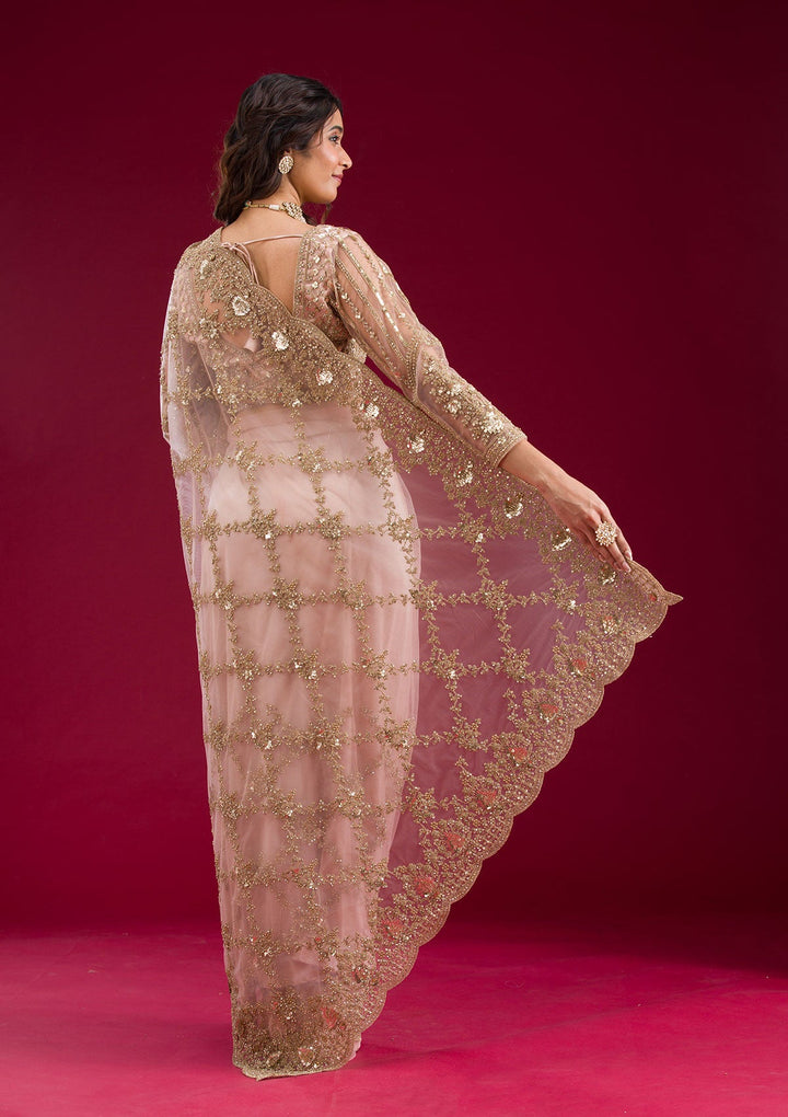 Baby Pink Zariwork Net Saree-Koskii
