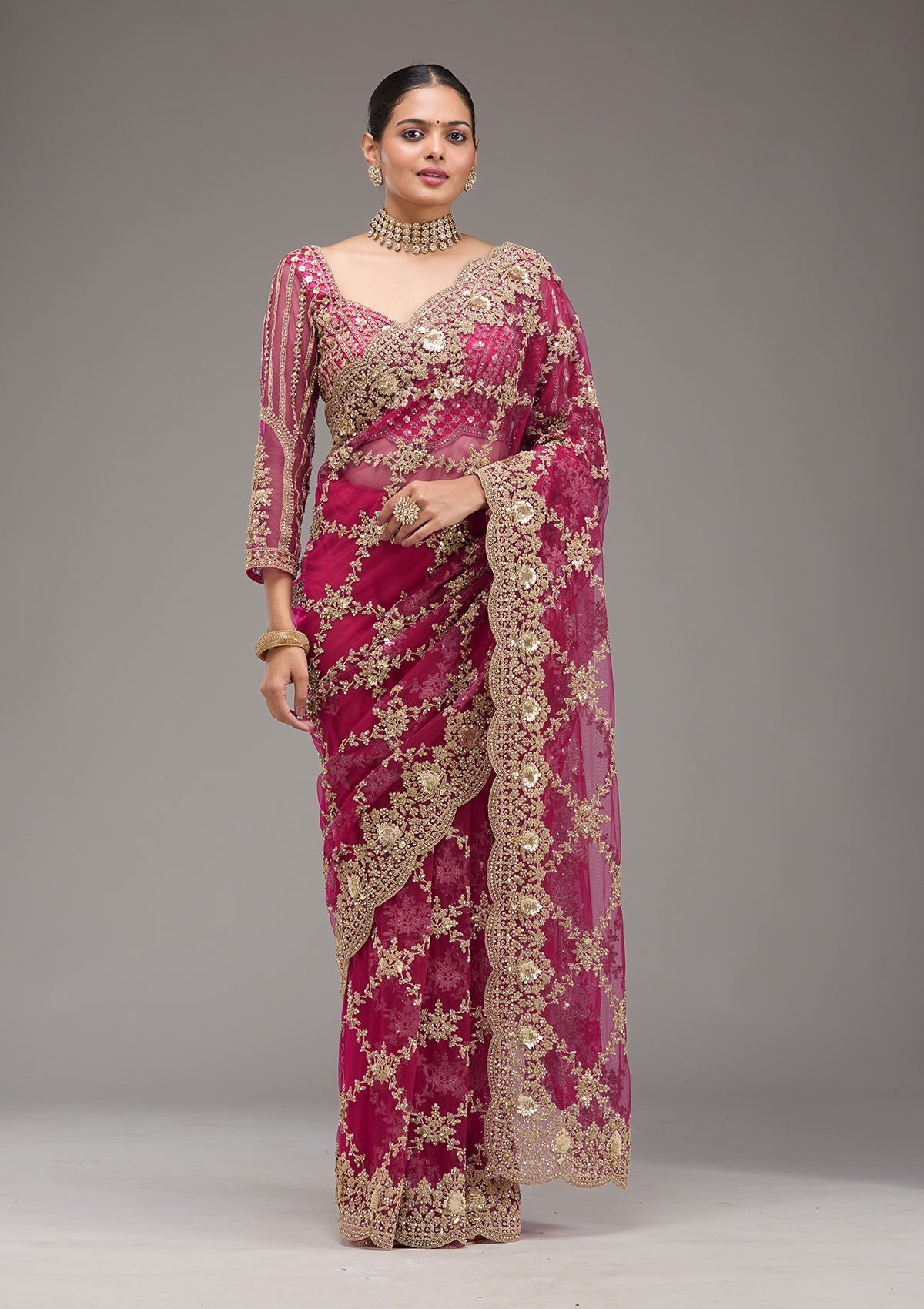 Rani Pink Zariwork Net Saree-Koskii