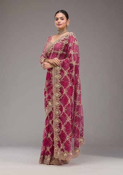 Rani Pink Zariwork Net Saree-Koskii