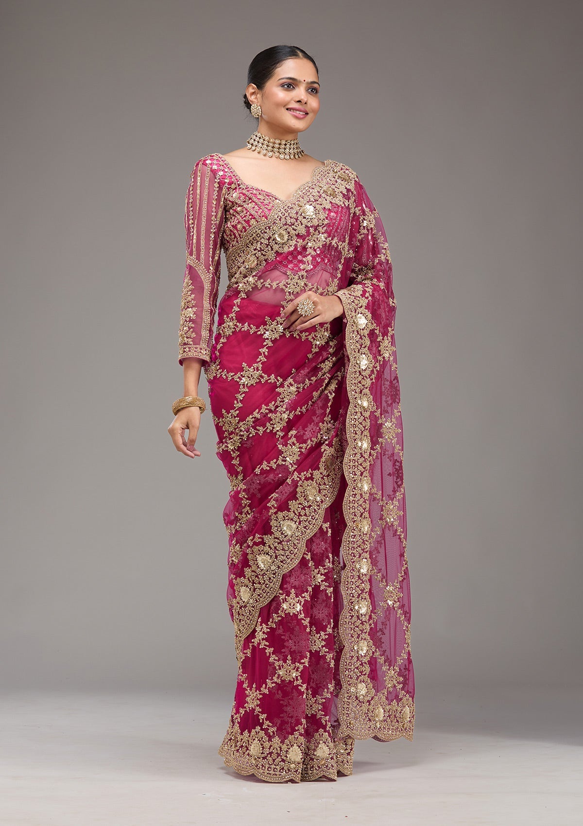 Rani Pink Zariwork Net Saree-Koskii